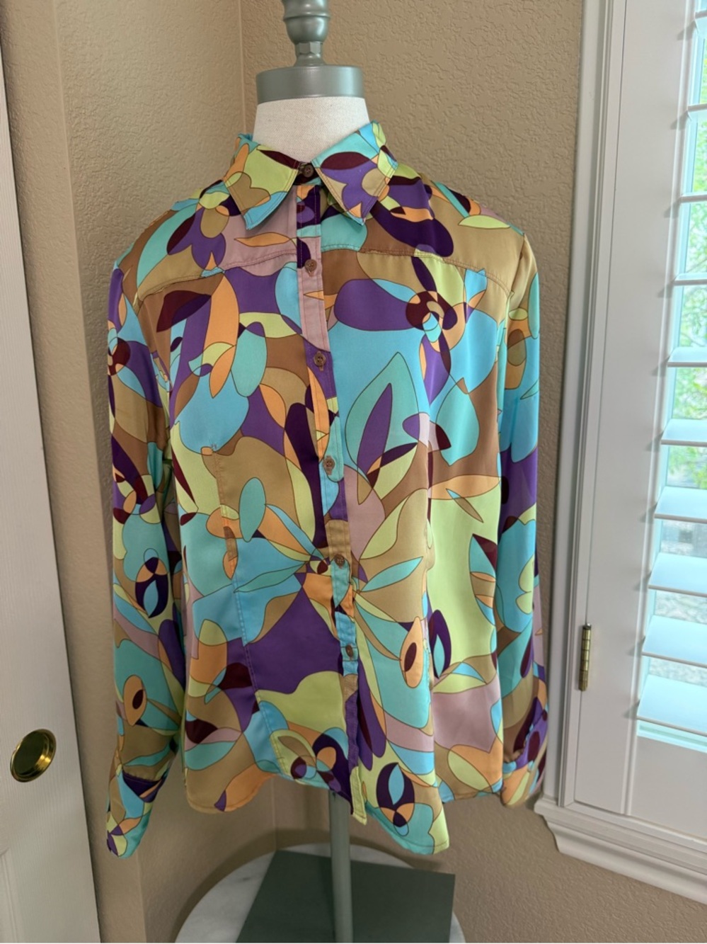 Vintage 1990's Y2K Express Groovy Floral Bottom Down Blouse Winged Collar 13/14
